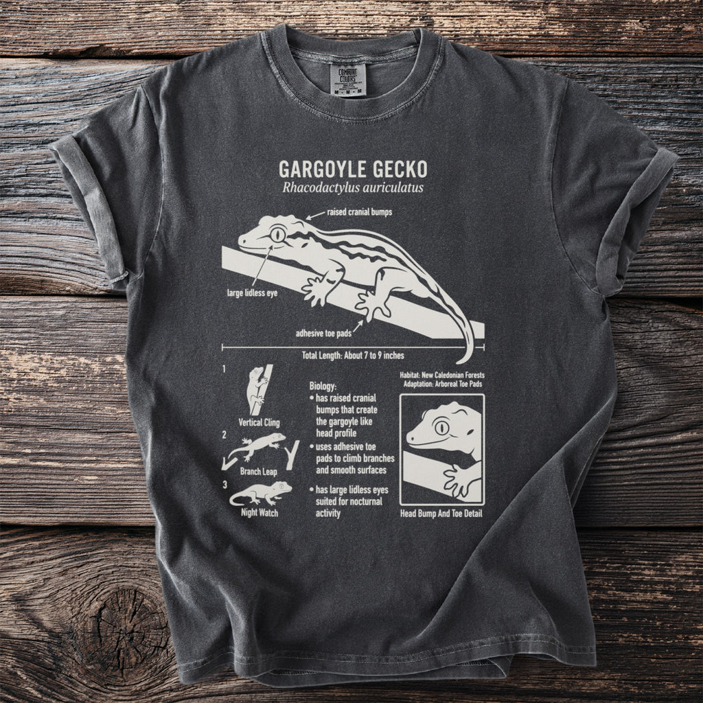 Gargoyle Gecko anatomy diagram on a dark t-shirt.