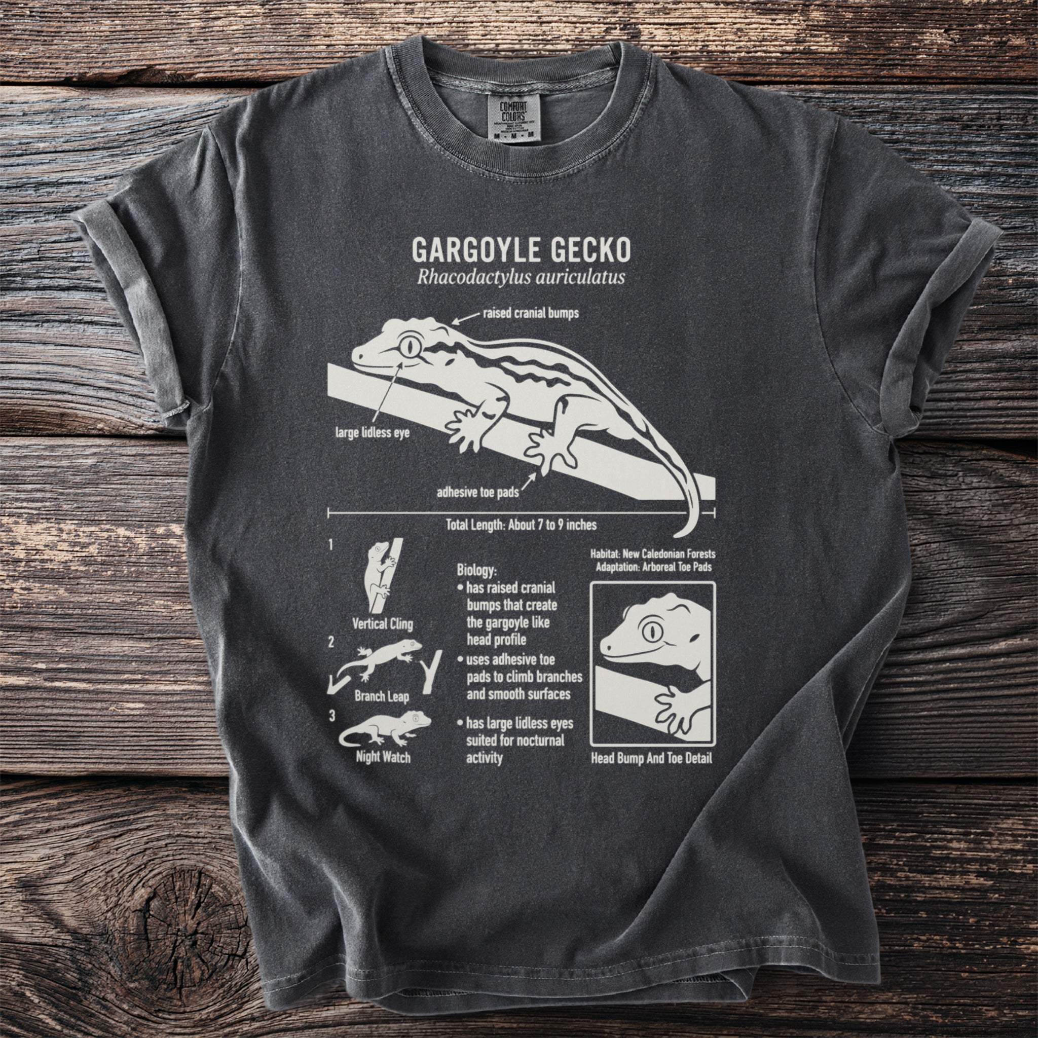 Gargoyle Gecko anatomy diagram on a dark t-shirt.