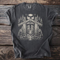 Dark t-shirt with Viking-inspired graphic of wolves, eagle, and ancient gate.