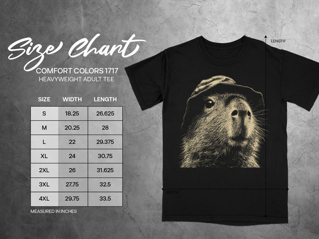 Comfort Colors 1717 heavyweight adult tee size chart with measurements in inches.