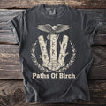 Dark t-shirt with "Paths Of Birch" text and a graphic of runes, a fox, and a bird.