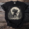 Black t-shirt with a Krampus illustration carrying pine branches and a sack.