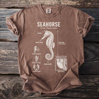Brown t-shirt with diagram and facts about seahorses, labeled "SEAHORSE".