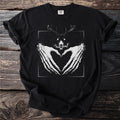 Black t-shirt with skeleton hands making a heart and a skeletal deer.