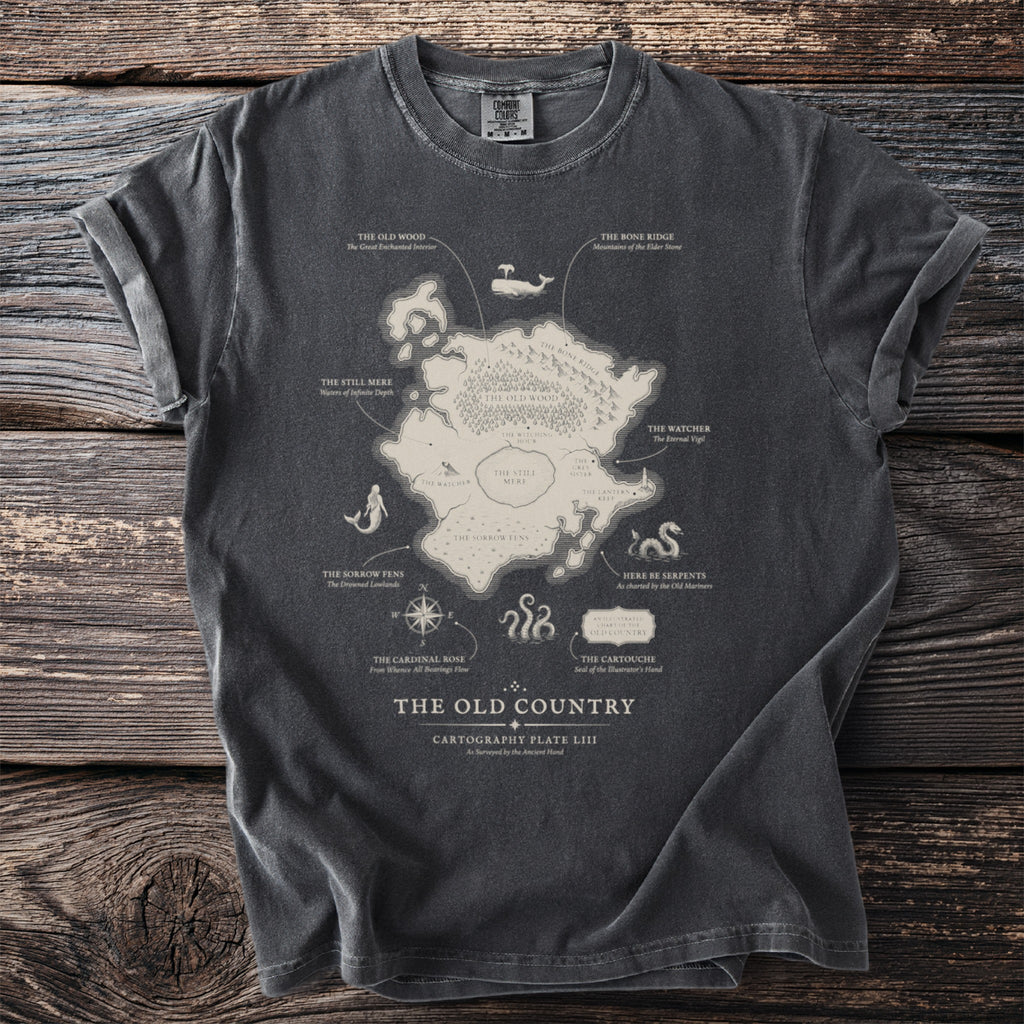 Dark gray t-shirt featuring an illustrated map titled "The Old Country".