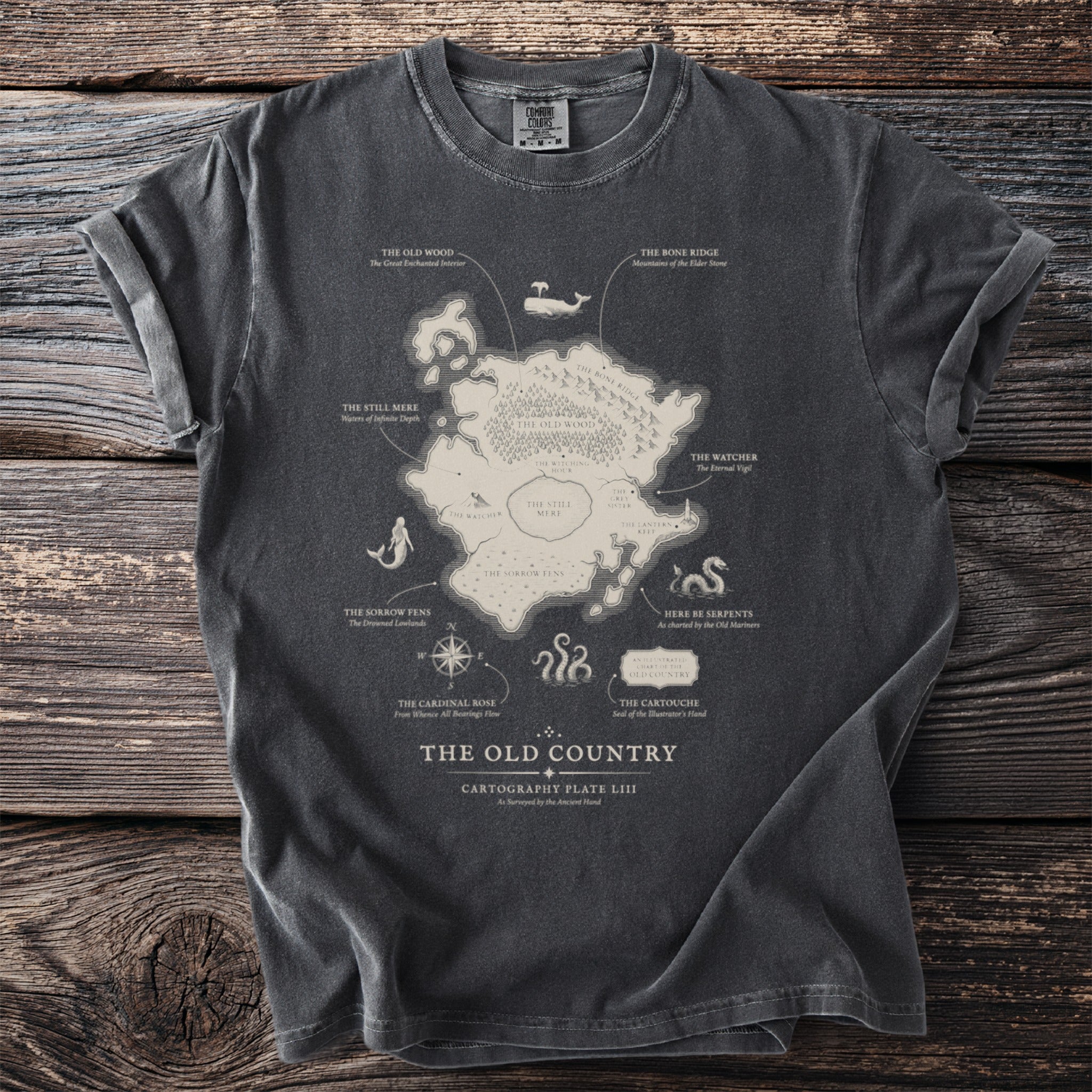 Dark gray t-shirt featuring an illustrated map titled "The Old Country".