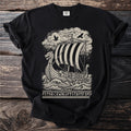 Black t-shirt with a Viking ship, clouds, and runes design.