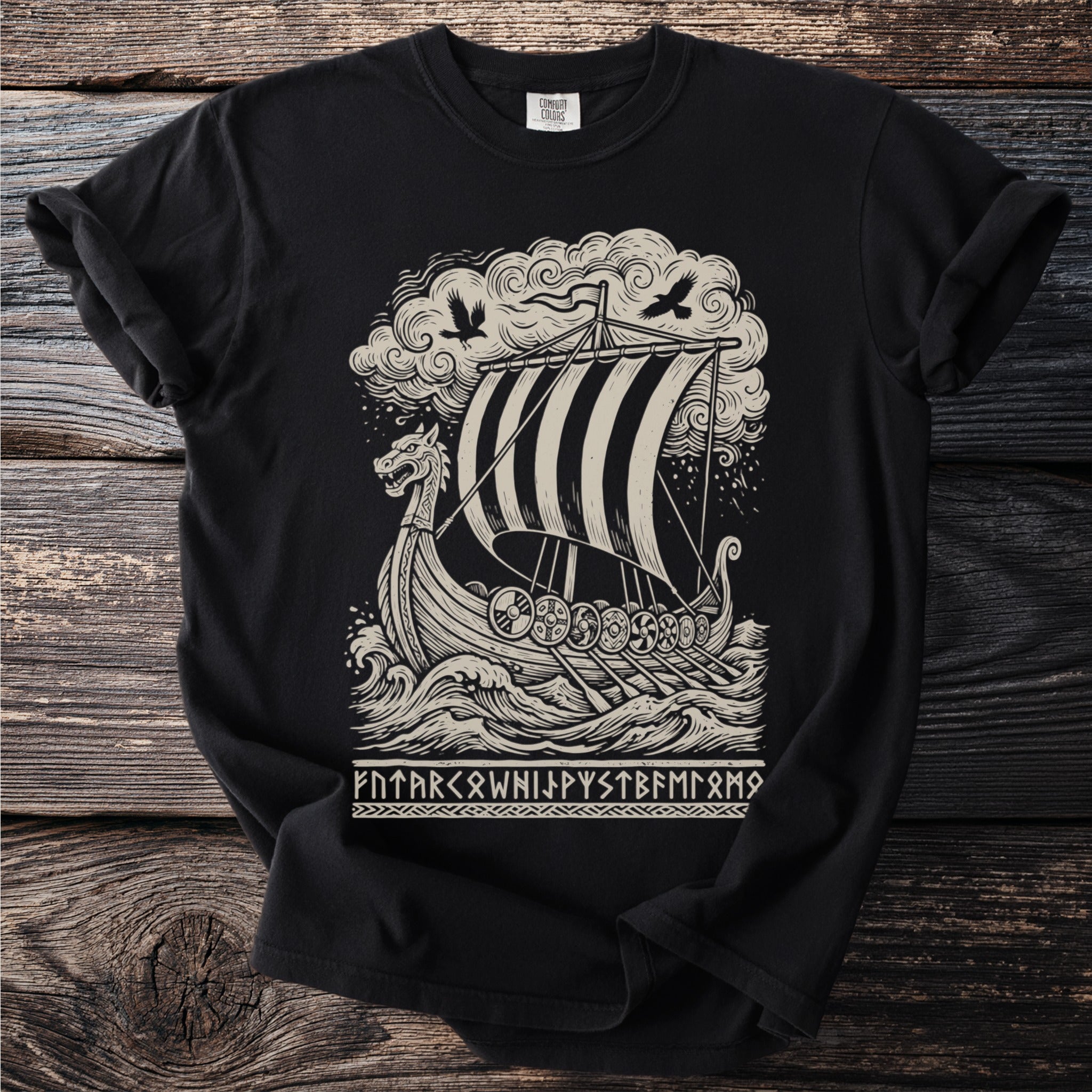 Black t-shirt with a Viking ship, clouds, and runes design.