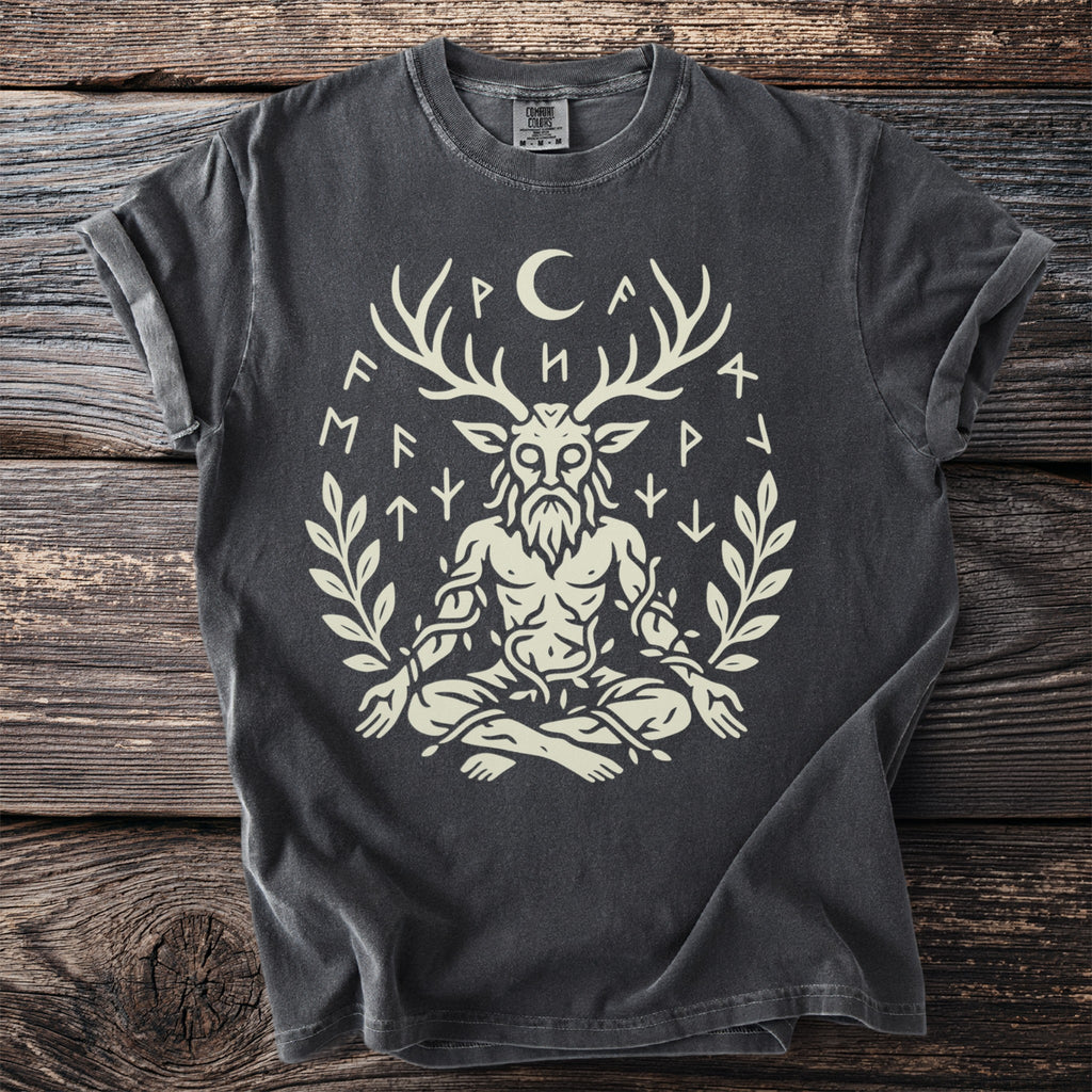 Dark grey t-shirt with a light graphic of a horned figure surrounded by runes and leaves.
