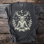 Dark grey t-shirt with a light graphic of a horned figure surrounded by runes and leaves.
