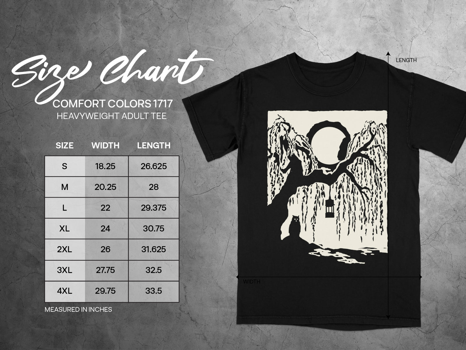 Comfort Colors 1717 heavyweight adult tee size chart with width and length measurements.