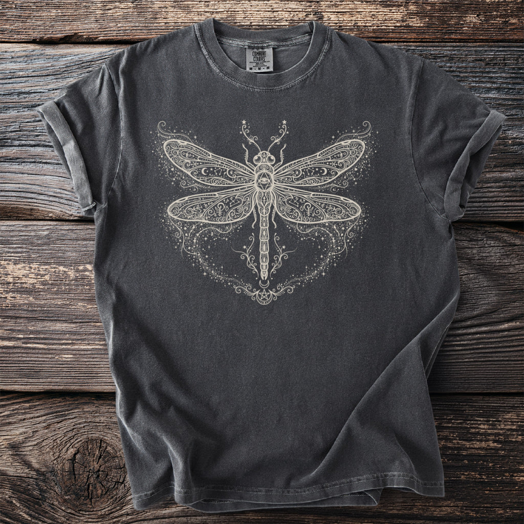 Dark grey t-shirt with a white, ornate dragonfly graphic featuring stars and celestial details.