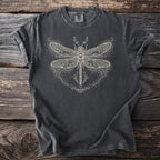 Dark grey t-shirt with a white, ornate dragonfly graphic featuring stars and celestial details.