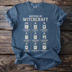 Blue t-shirt featuring "Waters in Witchcraft" graphic with nine illustrated waters.