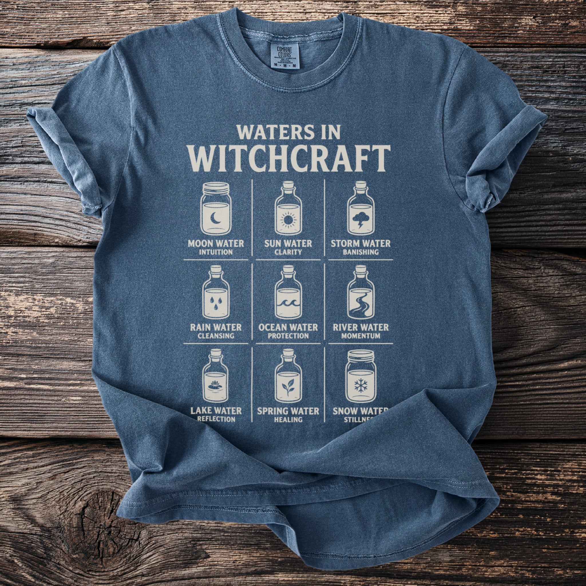 Blue t-shirt featuring "Waters in Witchcraft" graphic with nine illustrated waters.