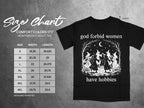 Size chart for a black Comfort Colors 1717 heavyweight adult tee with witch graphic.