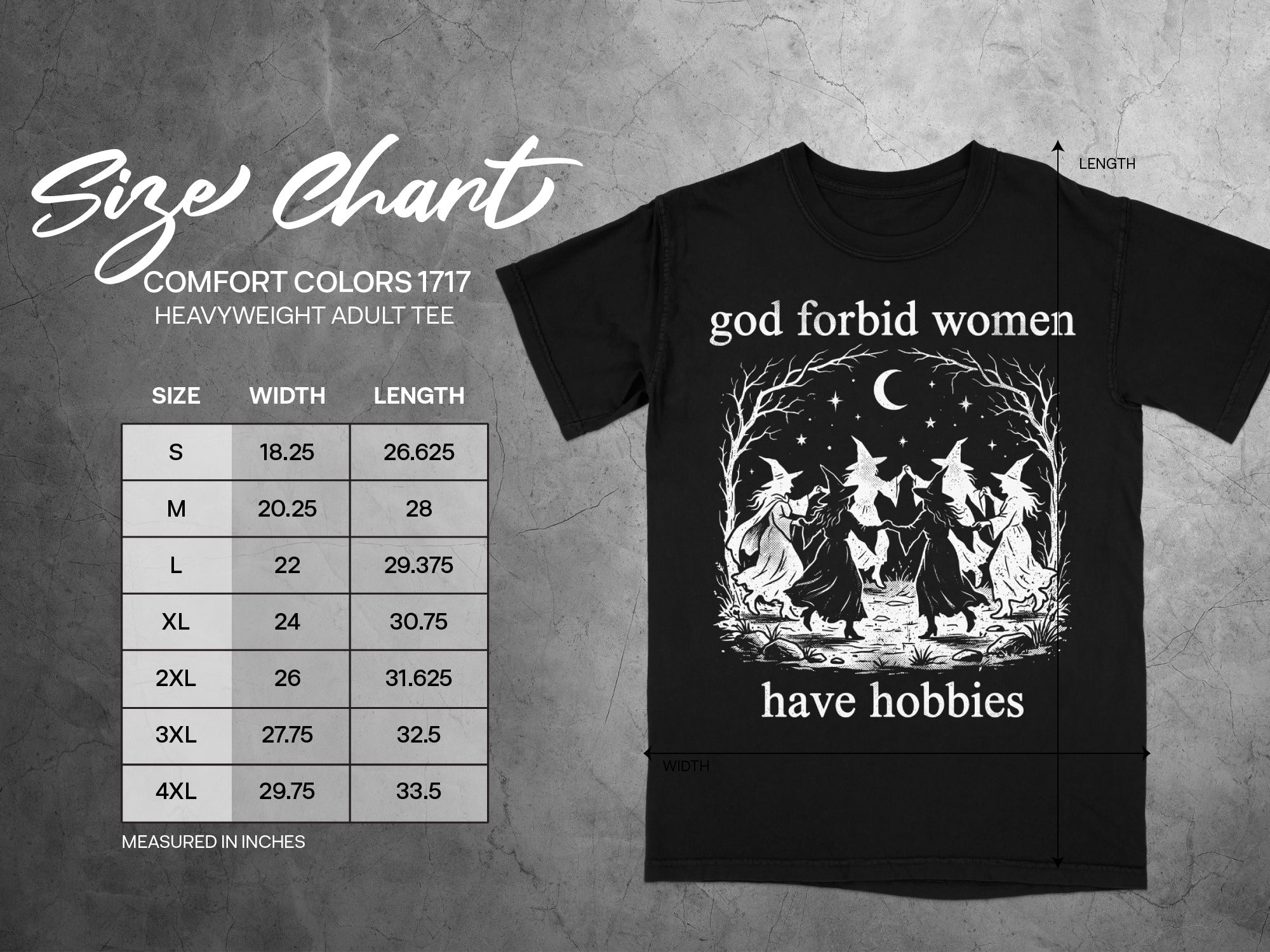 Size chart for a black Comfort Colors 1717 heavyweight adult tee with witch graphic.