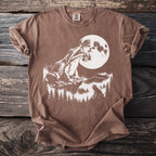 Brown t-shirt with a white graphic of two frogs and a full moon.