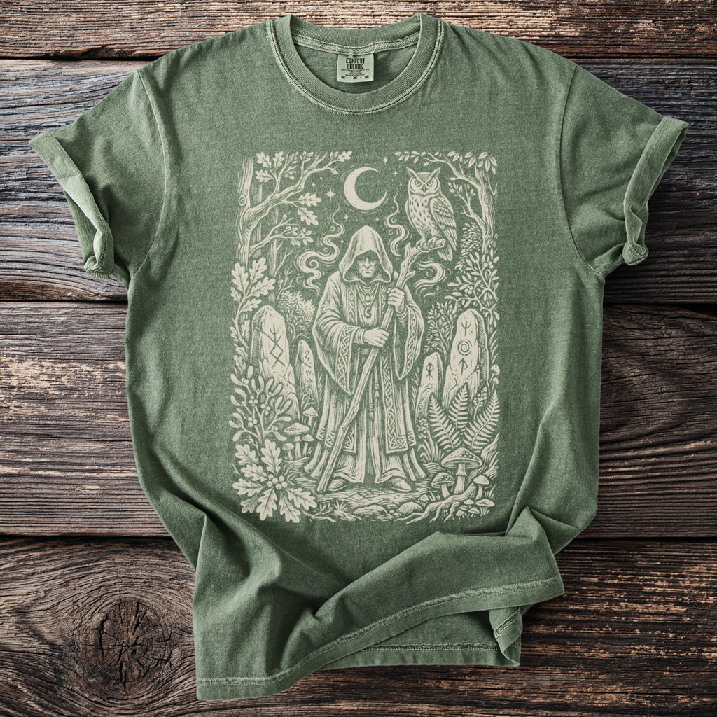 Green t-shirt with a pagan wizard graphic, runes, owl, and crescent moon.