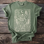 Green t-shirt with a pagan wizard graphic, runes, owl, and crescent moon.