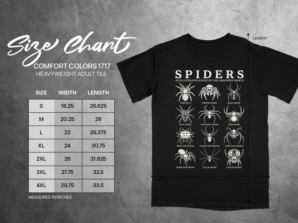 Black t-shirt with spider illustrations, size chart, and measurements in inches.