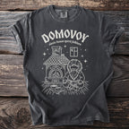 Domovoy graphic on a charcoal t-shirt with Slavic house spirit folklore text.