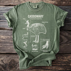 Green t-shirt with diagram of a cassowary, highlighting features and facts.