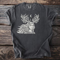 Dark grey t-shirt with a white line art graphic of a woman with antlers and a crescent moon.