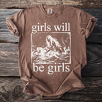 Brown t-shirt with "girls will be girls" text and a mermaid image.