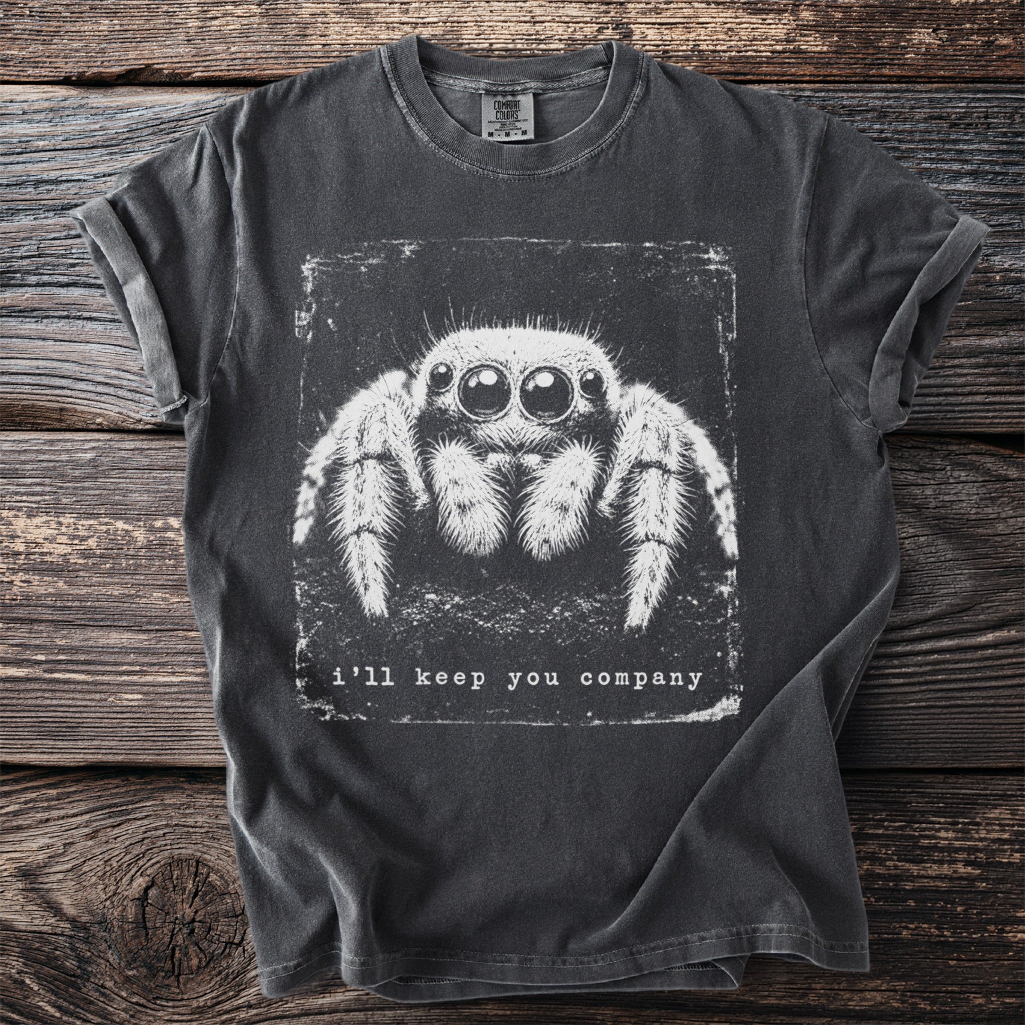 Gray t-shirt with a graphic of a jumping spider and text "i'll keep you company."