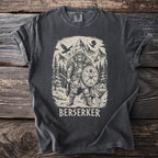 Viking warrior with bear helmet, shield, axe, wolf, and mountains, text "BERSERKER".