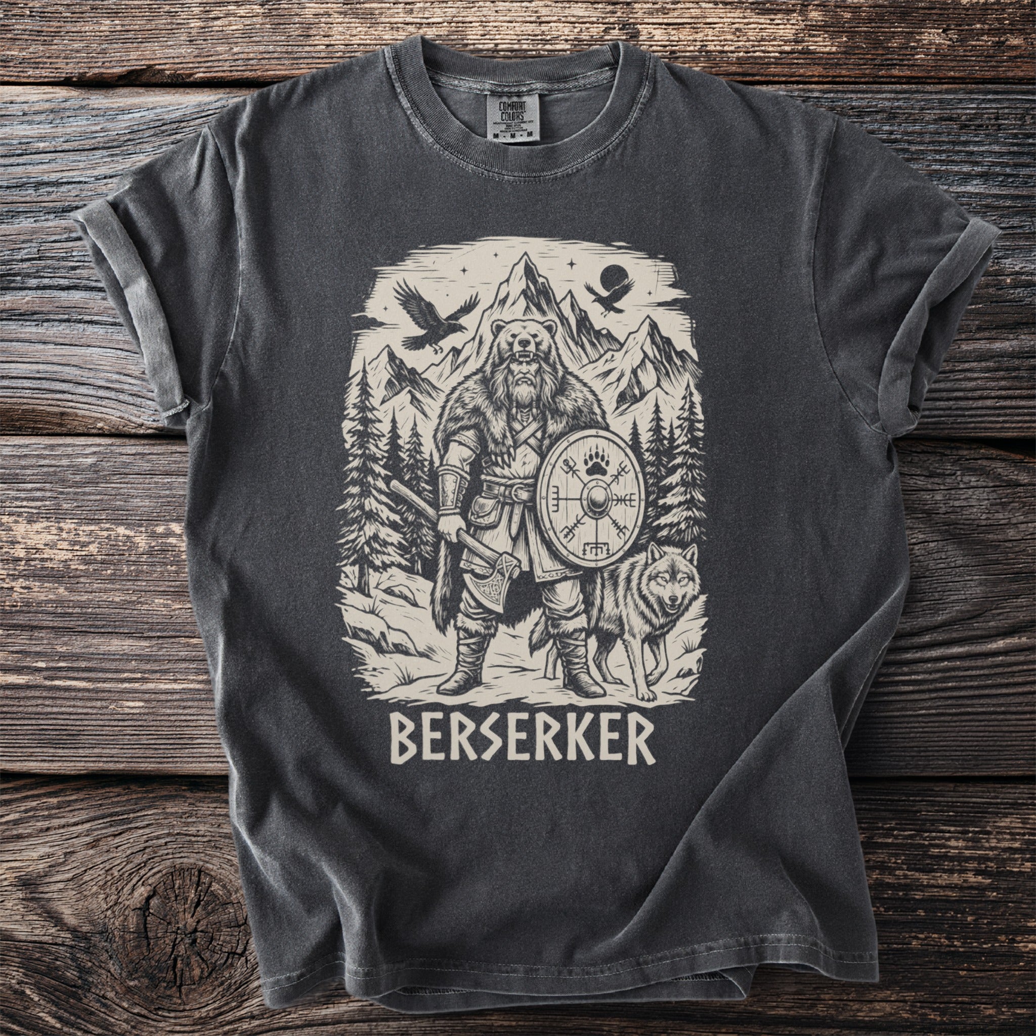 Viking warrior with bear helmet, shield, axe, wolf, and mountains, text "BERSERKER".