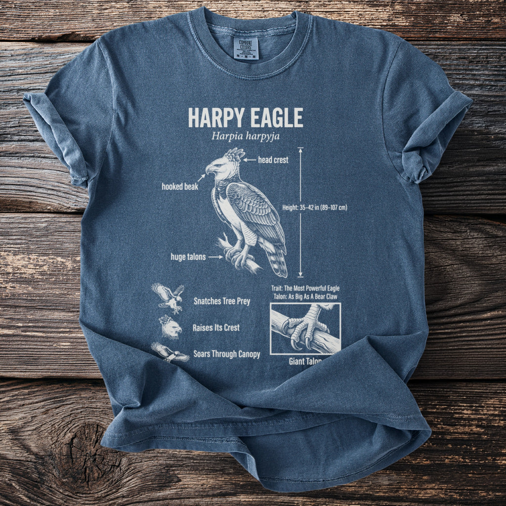 Blue t-shirt with Harpy Eagle illustration and informational text labels.