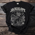 Black t-shirt with white jackalope graphic and text "Jackalope American Cryptid Folklore Legend".