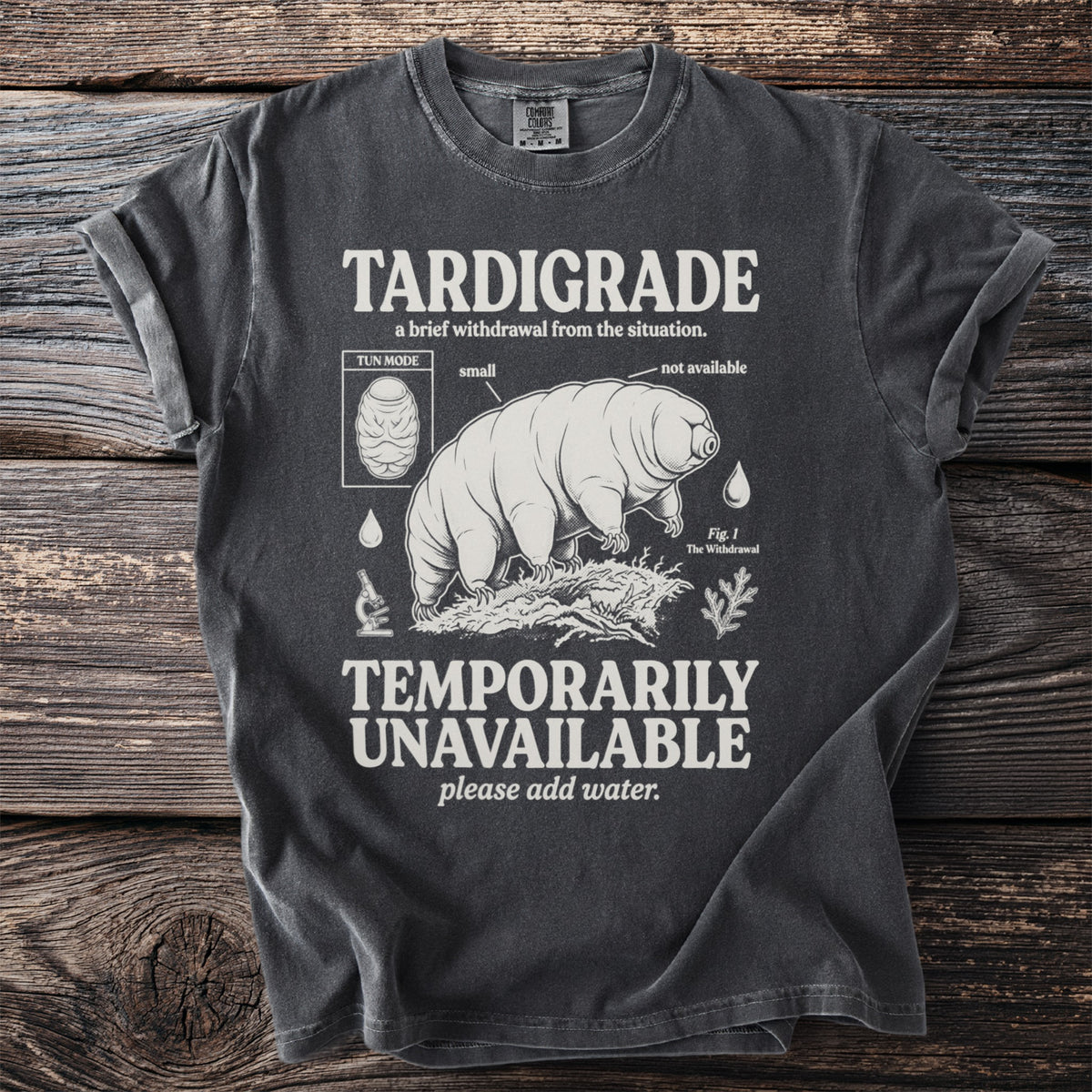 Tardigrade temporarily unavailable, please add water, with scientific illustrations.