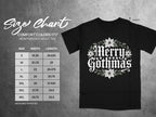 Black t-shirt size chart with "Merry Gothmas" graphic and measurements in inches.