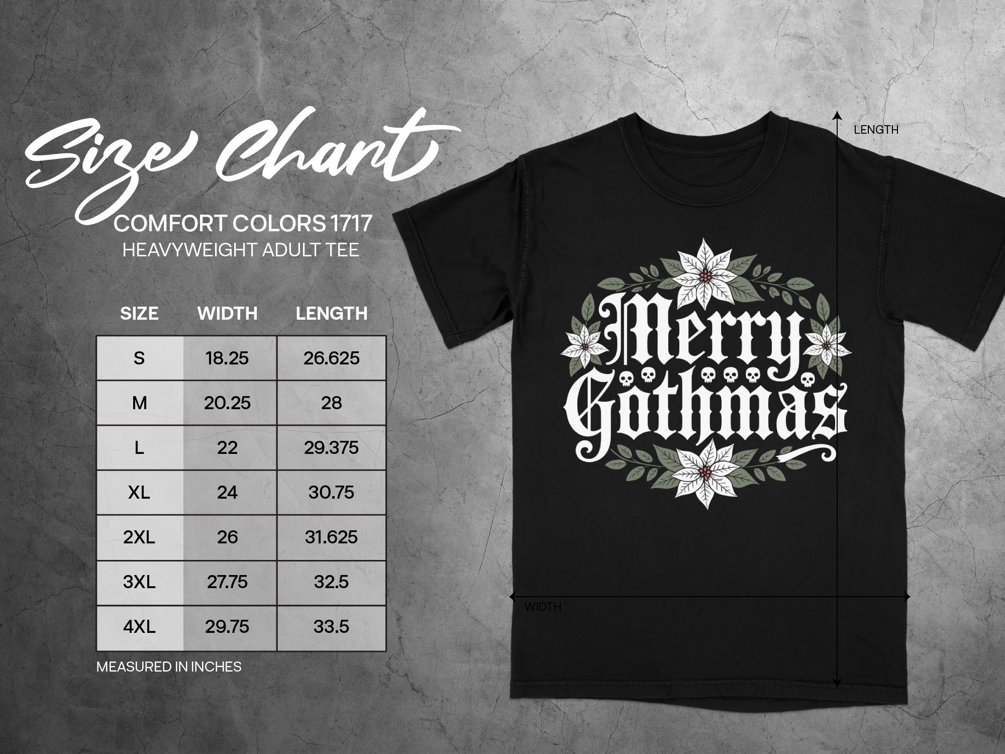 Black t-shirt size chart with "Merry Gothmas" graphic and measurements in inches.