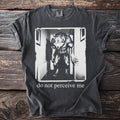 Dark gray t-shirt with a black and white graphic of a werewolf and text that reads "do not perceive me".