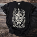 Black t-shirt with white graphic of Poseidon, Cerberus, a boat, and celestial elements.