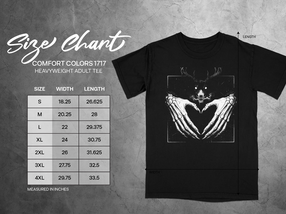 Comfort Colors 1717 adult tee size chart with width and length measurements in inches.