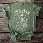 Green t-shirt with "The Star tarot card arcana hope celestial" text and celestial illustration.