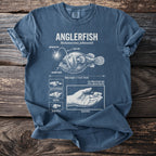 Anglerfish diagram on a blue t-shirt showing lure, teeth, size, and traits.