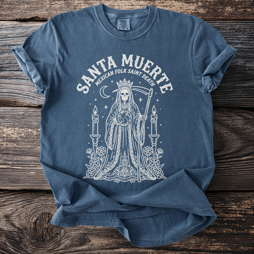 Blue t-shirt with white Santa Muerte graphic and text.