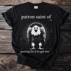 Black t-shirt with "patron saint of" and vulture graphic, "waiting for it to get wor"