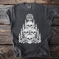 Dark grey t-shirt with stack of skulls, candles, bones, and pentagram.