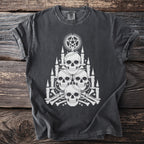 Dark grey t-shirt with stack of skulls, candles, bones, and pentagram.