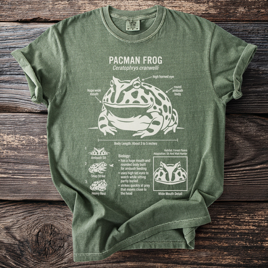 Green t-shirt with Pacman Frog illustration detailing its anatomy and biology.