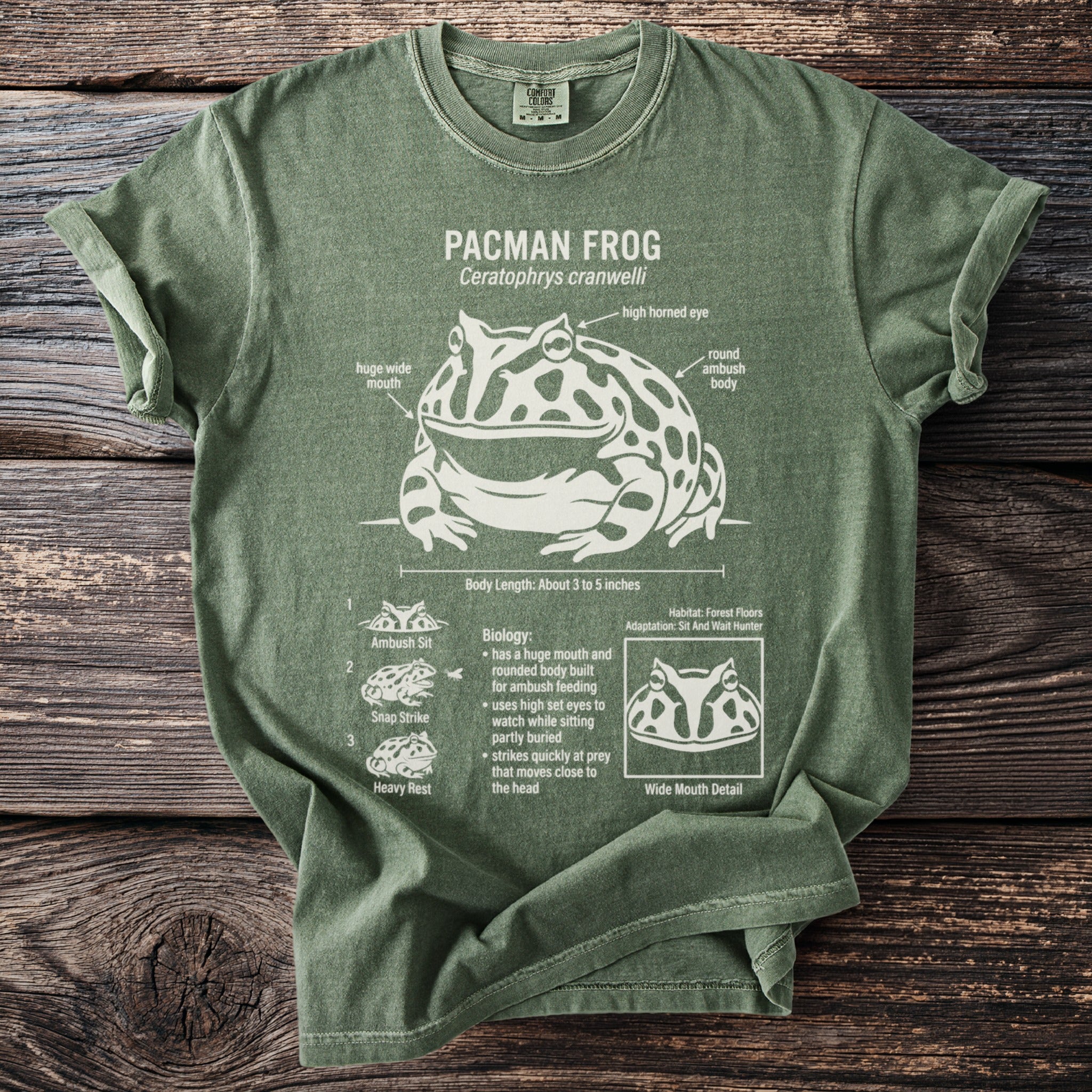 Green t-shirt with Pacman Frog illustration detailing its anatomy and biology.