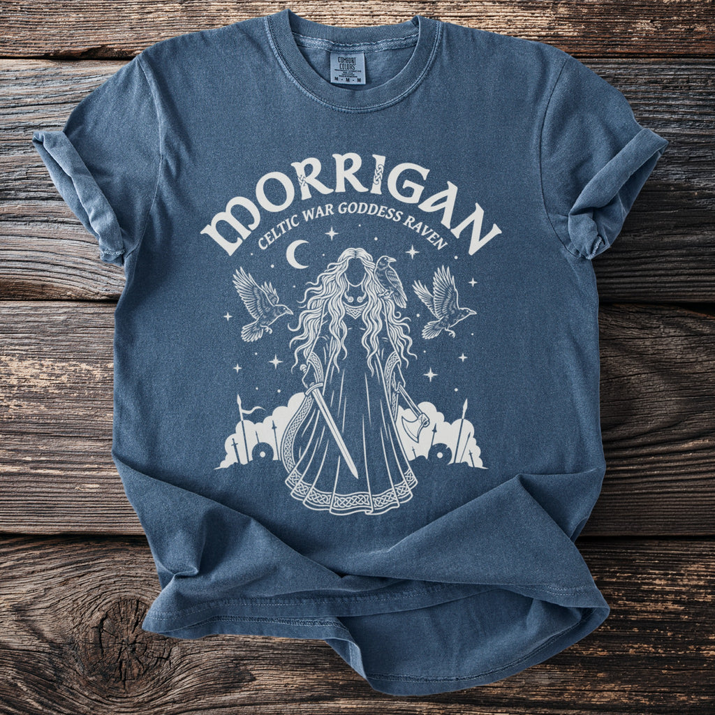Dark blue t-shirt with "MORRIGAN CELTIC WAR GODDESS RAVEN" and illustration.