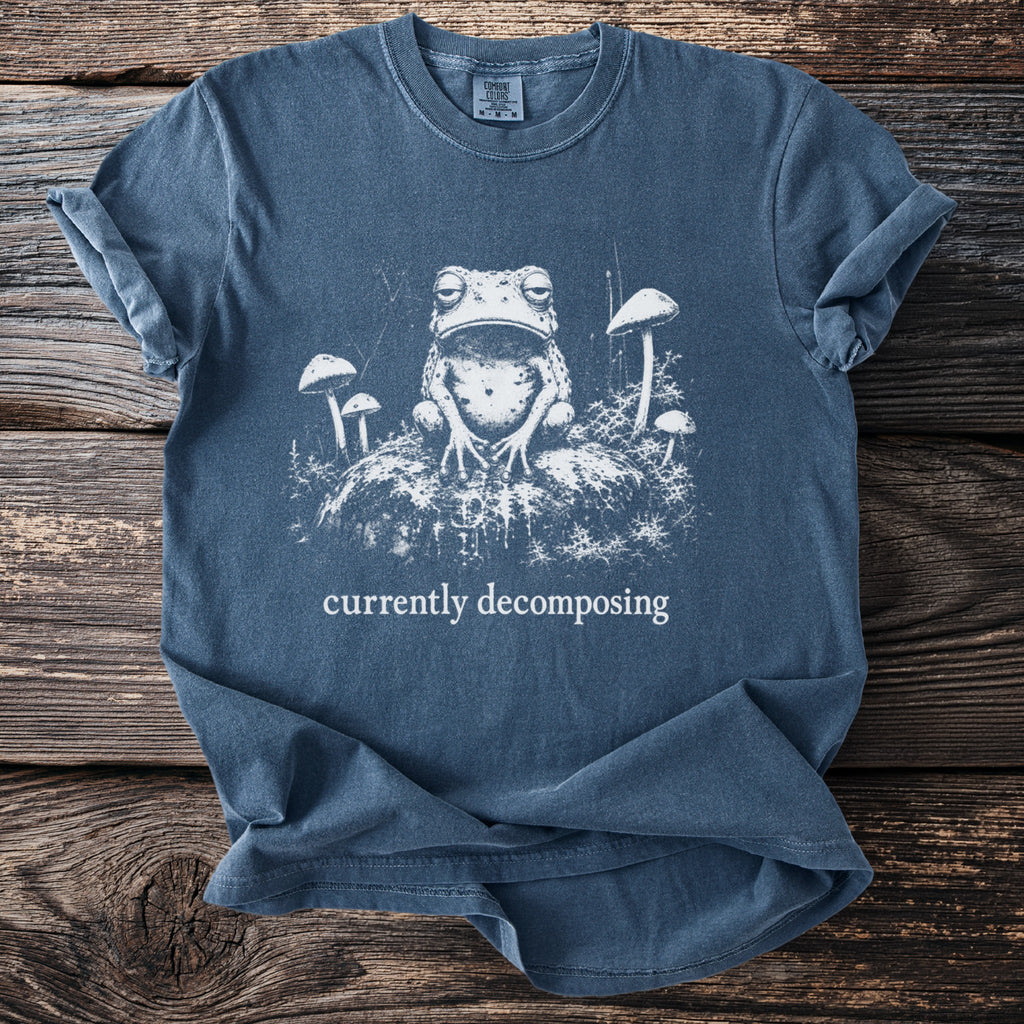 Blue t-shirt with a distressed graphic of a frog and mushrooms, text reads "currently decomposing".